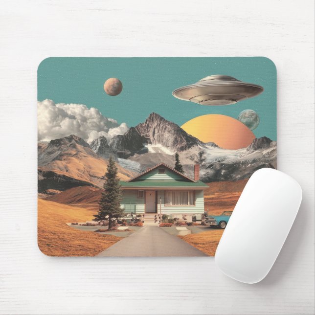 Surreal UFO Over Rustic House Mouse Pad (With Mouse)