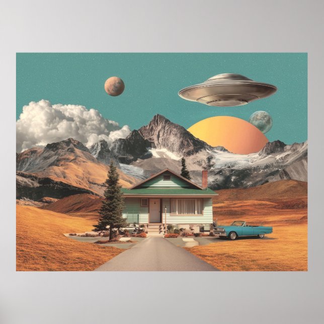 Surreal UFO Over Rustic House Poster (Front)