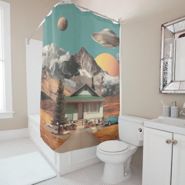 Surreal UFO Over Rustic House Shower Curtain (In Situ)