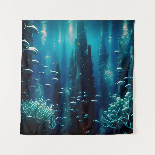 Surreal Underwater City of Dreams Tapestry (Front)