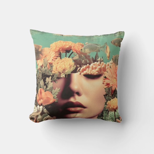 Surreal Underwater Portrait With Coral Flowers Cushion (Front)
