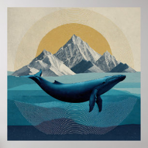 Surreal Whale Floating Above Colorful Mountain Pea Poster