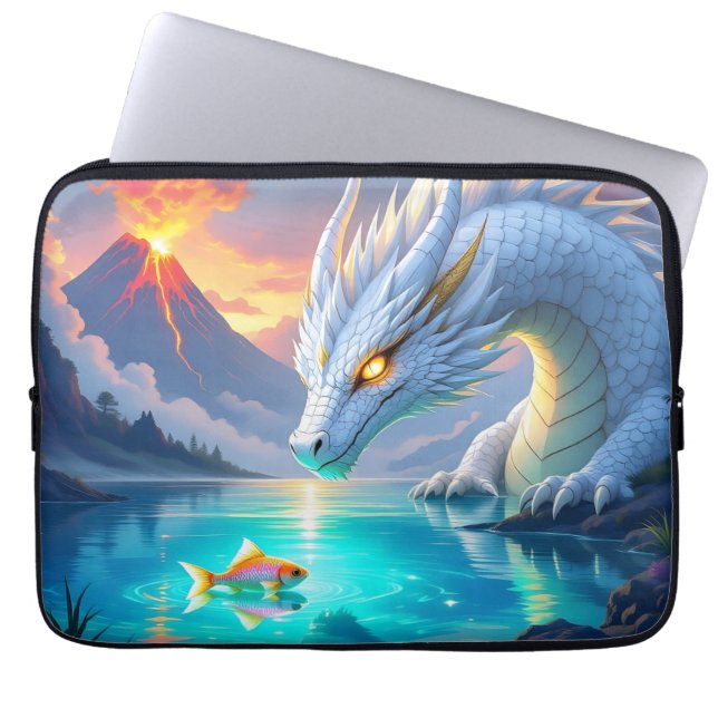 Surreal White Dragon and Gold Fish Laptop Sleeve (Front)