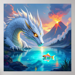 Surreal White Dragon and Gold Fish Poster
