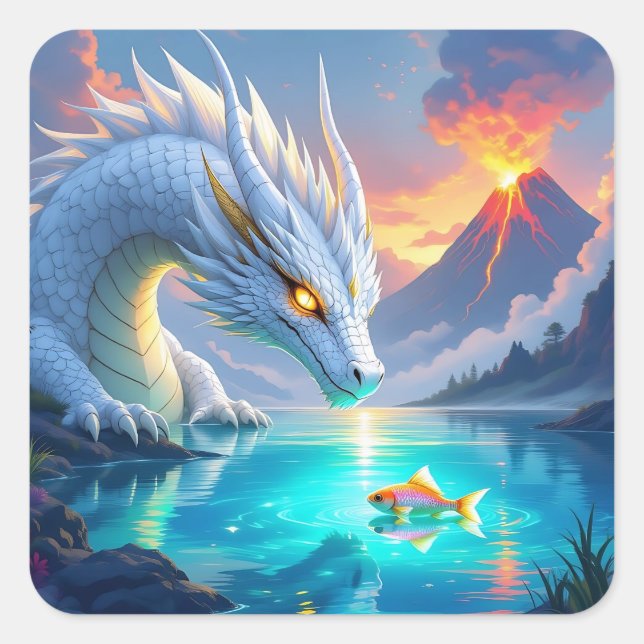 Surreal White Dragon and Gold Fish Square Sticker (Front)