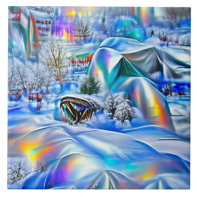 Surreal Winter Wonderland with Iridescent Lights Ceramic Tile (Front)