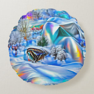 Surreal Winter Wonderland with Iridescent Lights Round Cushion