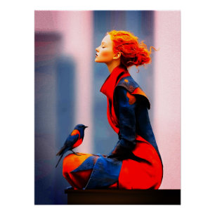 Surreal Woman and Bird Elegant Red Hair Fantasy Poster