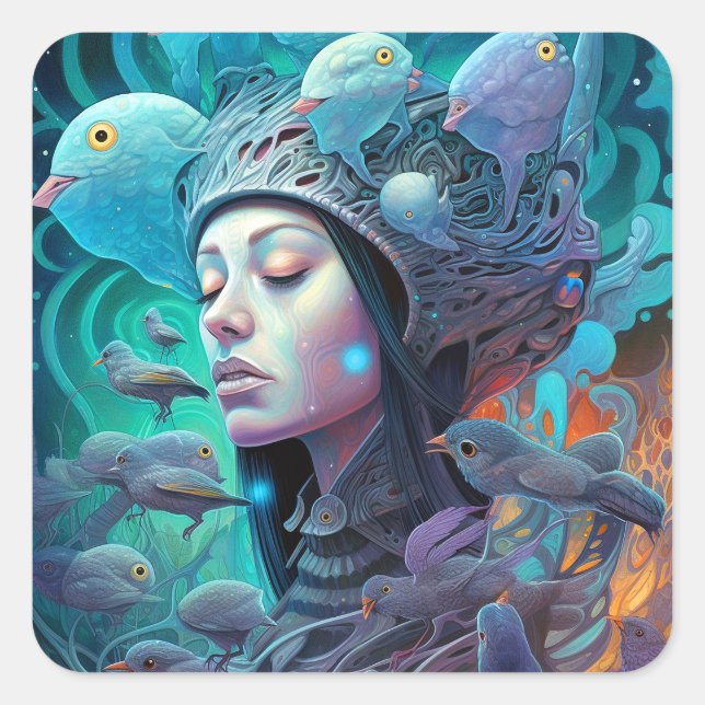 Surreal Woman Birds Visionary Art Square Sticker (Front)