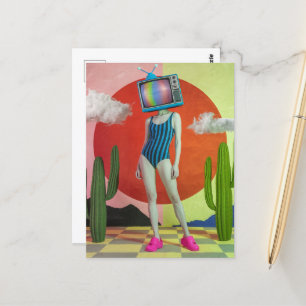 Surreal Woman in a Swimsuit with TV on Her Head Postcard