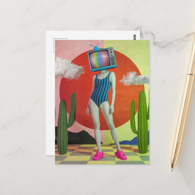Surreal Woman in a Swimsuit with TV on Her Head Postcard (Front/Back In Situ)