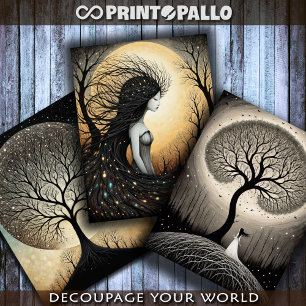 Surreal woman in connection with trees wrapping paper sheet