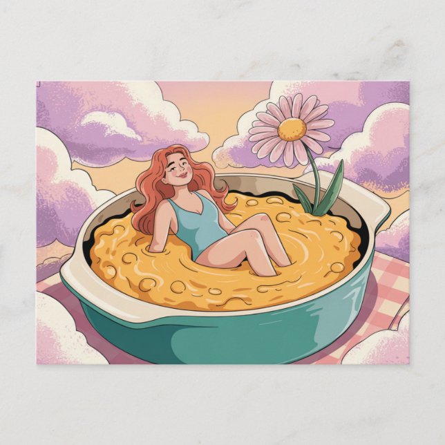 Surreal Woman Sits in Bathing Suit in Cheesy Dish Postcard (Front)