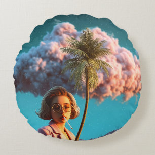 Surreal Woman with Palm Tree Round Cushion