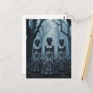 Surreal Women With Vintage Phone Heads in Forest Postcard