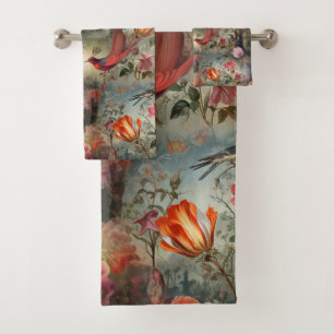 Surrealist Art with Flowers & Birds Bath Towel Set