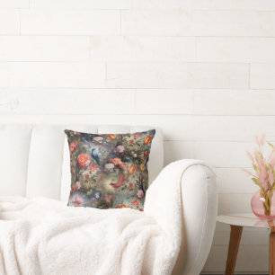 Surrealist Art with Flowers & Birds Cushion