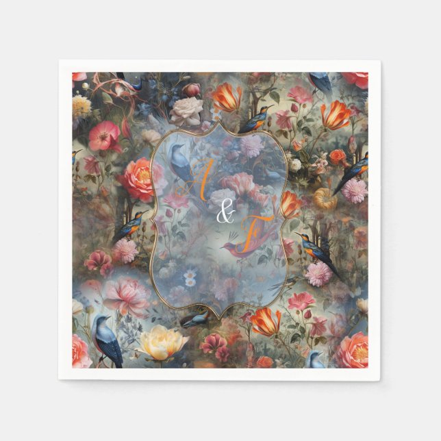 Surrealist Art with Flowers & Birds Napkin (Front)