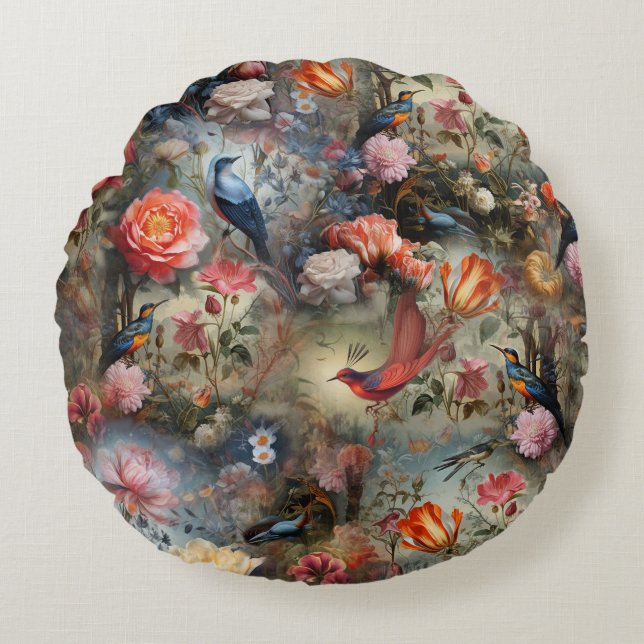 Surrealist Art with Flowers & Birds Round Cushion (Front)