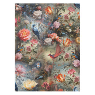 Surrealist Art with Flowers & Birds Tablecloth