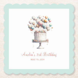 Surrealist, Cute Balloons and Birthday Cake Custom Paper Coaster