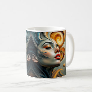 Surrealist female face in futuristic style. coffee mug