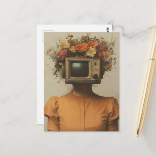 Surrealist Woman with TV head and flowers  Postcard