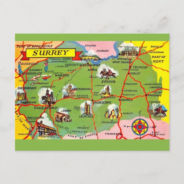 Surrey England Map Postcard (Front)