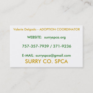 SURRY CO. SPCA, Valerie Delgado - ADOPTION COOR... Business Card