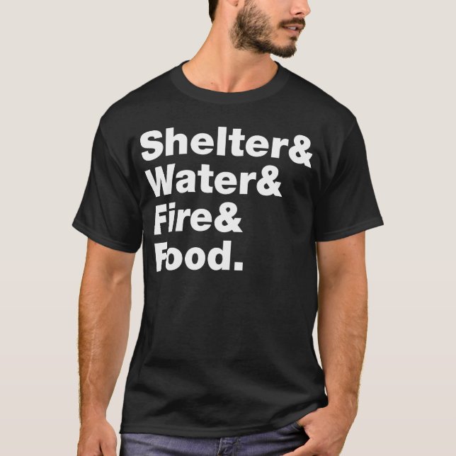 Survival Shelter Water Fire Food 70s boy T-Shirt (Front)