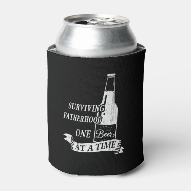 Surviving Fatherhood one beer at a time distressed Can Cooler (Can Front)