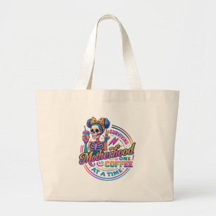 Surviving Motherhood One Coffee at a Time Colourfu Large Tote Bag
