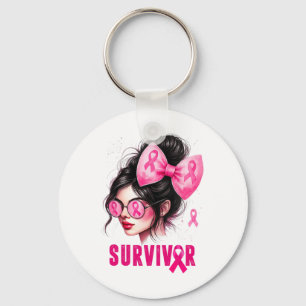 Survivor Breast Cancer Awareness Pink Messy Bun Gi Key Ring