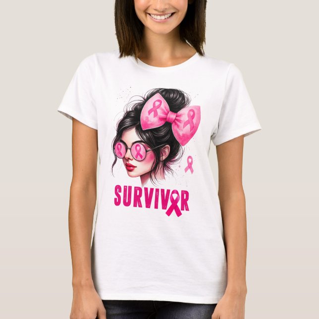 Survivor Breast Cancer Awareness Pink Messy Bun Gi T-Shirt (Front)