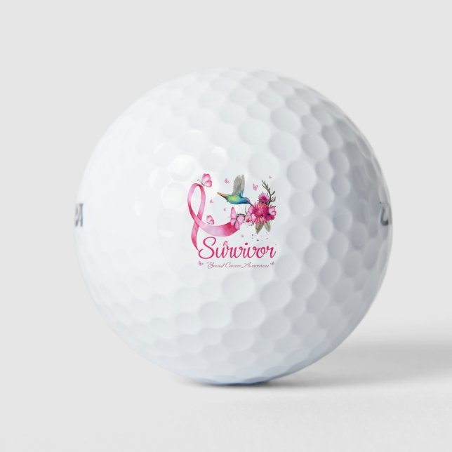 Survivor Hummingbird Ribbon Breast Cancer Golf Balls (Front)