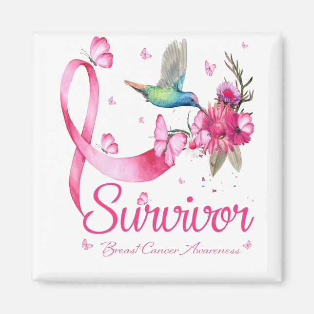 Survivor Hummingbird Ribbon Breast Cancer Magnet (Front)