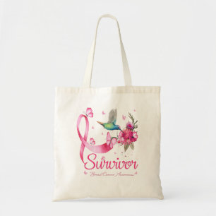 Survivor Hummingbird Ribbon Breast Cancer Tote Bag