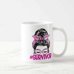 Survivor Messy Bun Pink Ribbon Breast Cancer Aware Coffee Mug