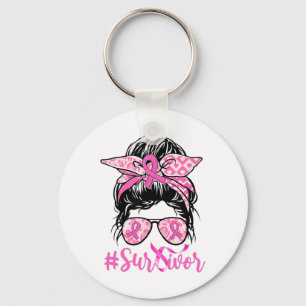 Survivor Messy Bun Pink Ribbon Leopard Breast Canc Key Ring