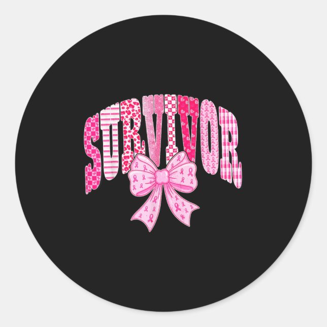 Survivor Pink Ribbon Coquette Bow Breast Cancer Aw Classic Round Sticker (Front)