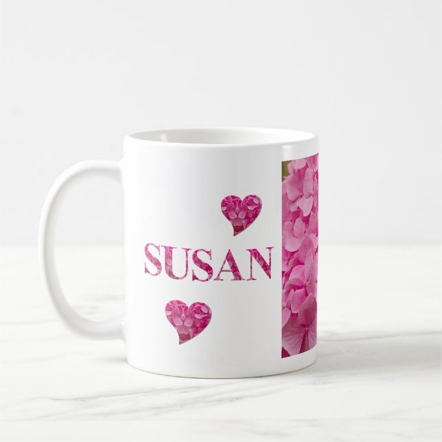 "Susan" Pink Hydrangea Floral Letters & Cute Heart Coffee Mug (Left)