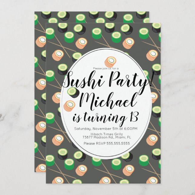Sush Rolls Grey Birthday Hibachi Restaurant Invitation (Front/Back)