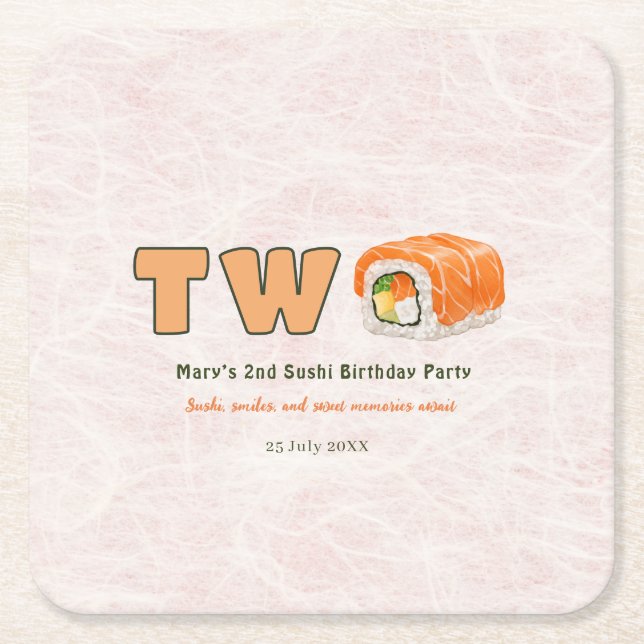  Sushi- 2nd Birthday Square Paper Coaster (Front)