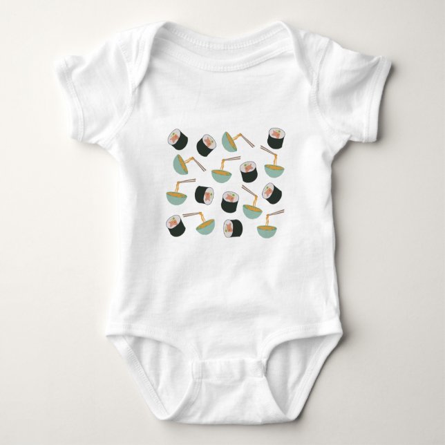 Sushi and Noodles Pattern Baby Bodysuit (Front)