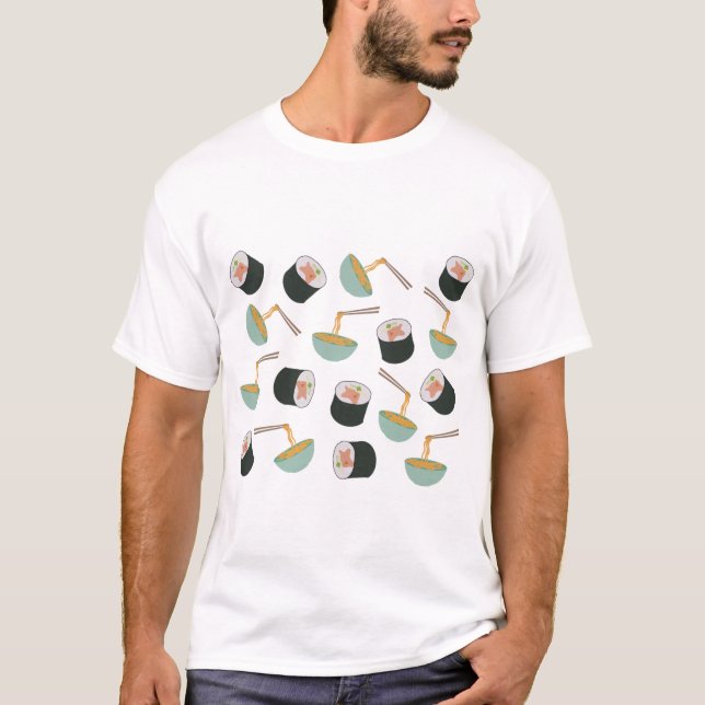 Sushi and Noodles Pattern T-Shirt (Front)