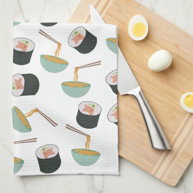 Sushi and Noodles Pattern Tea Towel (Quarter Fold)
