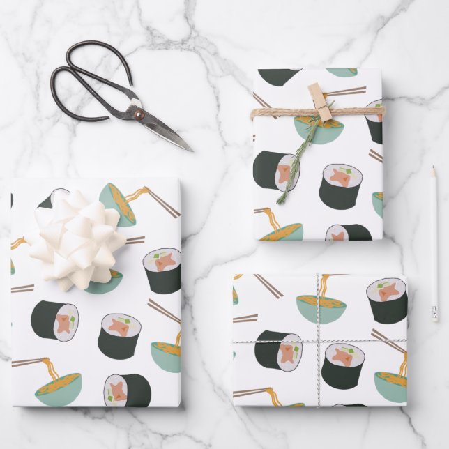 Sushi and Noodles Pattern Wrapping Paper Sheet (Front)