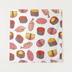 Sushi and rolls seamless pattern. Doodle cartoon c Tapestry