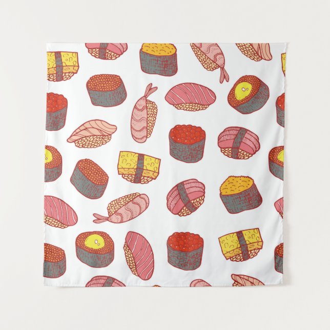 Sushi and rolls seamless pattern. Doodle cartoon c Tapestry (Front)