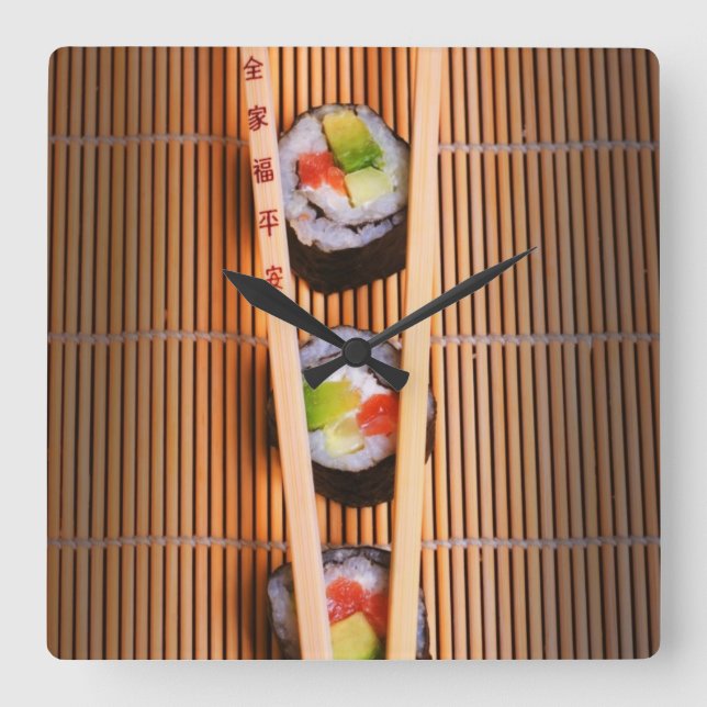Sushi and wooden chopsticks square wall clock (Front)